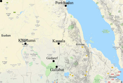 Google map of Khartumn to the Red Sea coast showing the general area of operations by 52 Middle East Commando.