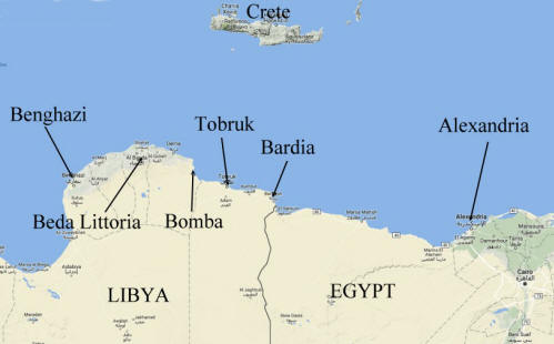 Google map of the coastal areas of Libya and Egypt including position of Bardia