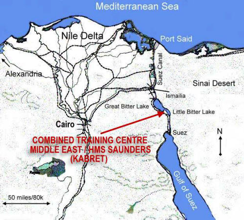 Map showing the position of the Middle East Combined Traning Centre, HMS Saunders, Kabret on Egypt's Bitter Lakes.