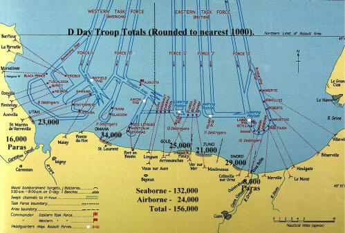 Map of the Normandy landing beaches showing the distribution of HQ Ships, army troops and paratroopers on D Day.