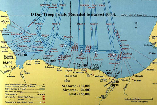 Map ofthe  day Normandy beaches showing the disposition of land, sea and paratroops.