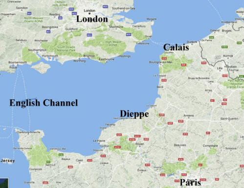 Google map showing position of Dieppe.