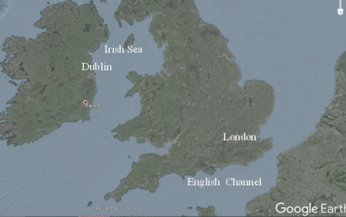 Google map of Ireland and England showing location of Donovan's Irish rootes.