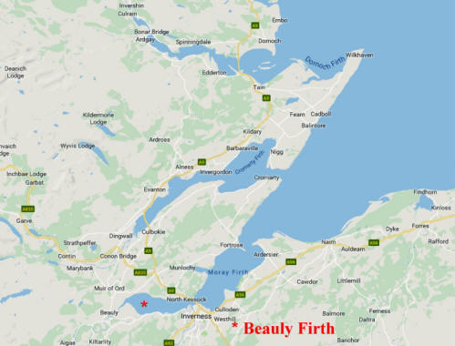 Google map showing the Beauly Firth where LCT  821 undertook training exercises.