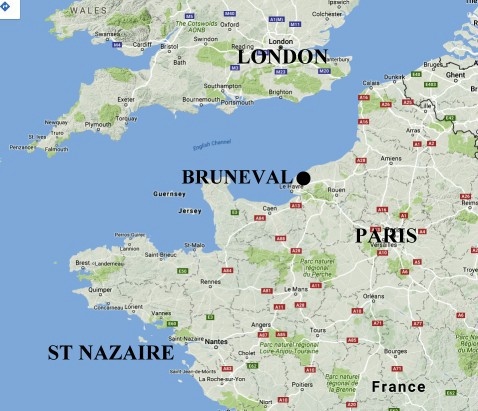 Google map of Southern England and Northern France showin the position of Bruneval.