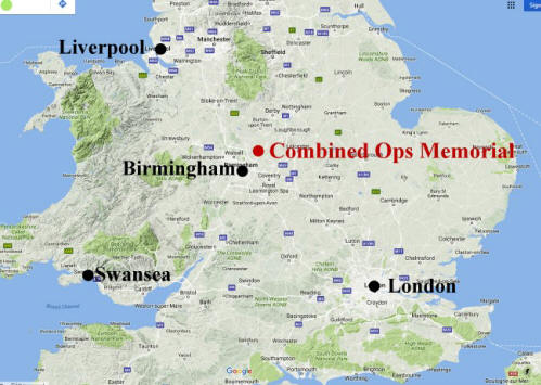Google map of central England showing location of the Cobined Operations Memorial.