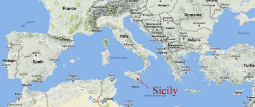 Google map of the Mediterranean highlighting position of Sicily.