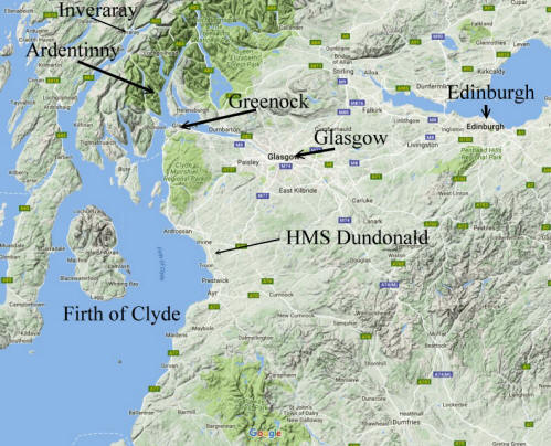 Google map of Central Scotland showing various Combined Operations bases.
