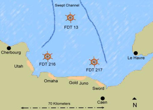 Map showing the approximate positions of the 3 Fighter Direction Tenders ships off the Normandy beaches.