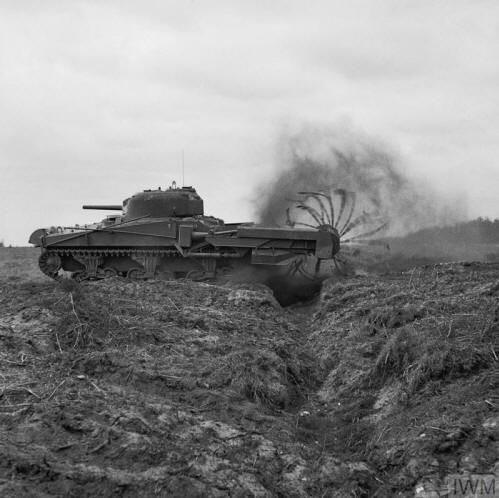 Sherman Crab Mk II flail tank, one of General Hobart's 'funnies' of 79th Armoured Division, during minesweeping tests in the UK, 27 April 1944