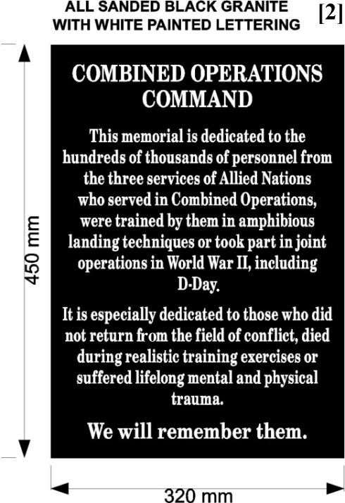 Dedication plaque for the Combined Operations Memorial.